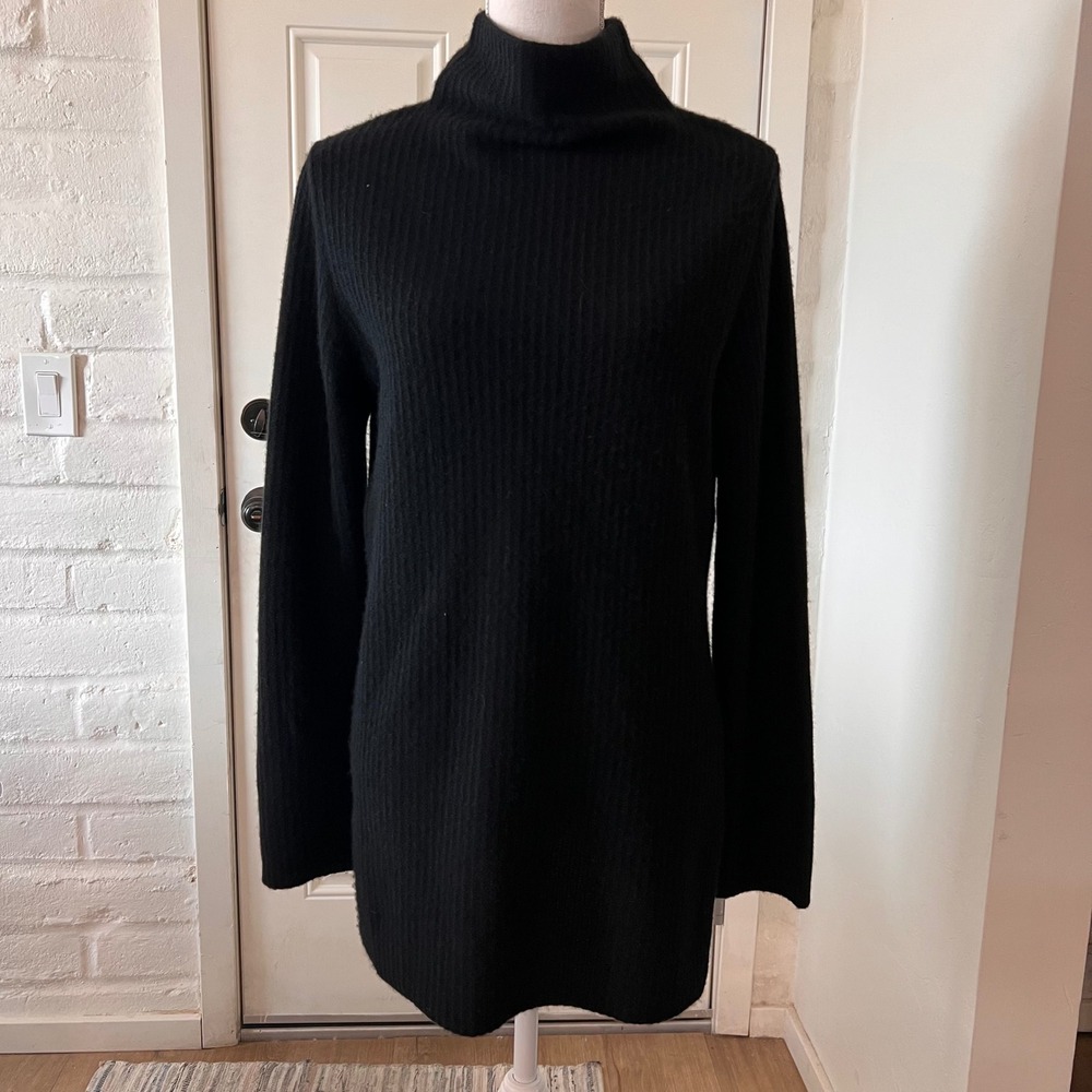 Vince Black Ribbed Funnel Neck Longline Sweater Side Slits Women Medium